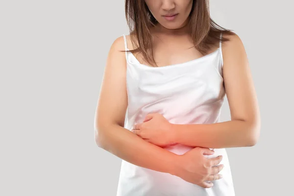 Asian Woman Suffering Stomachache Gray Background Irritable Bowel Syndrome Ibs — Stock Photo, Image