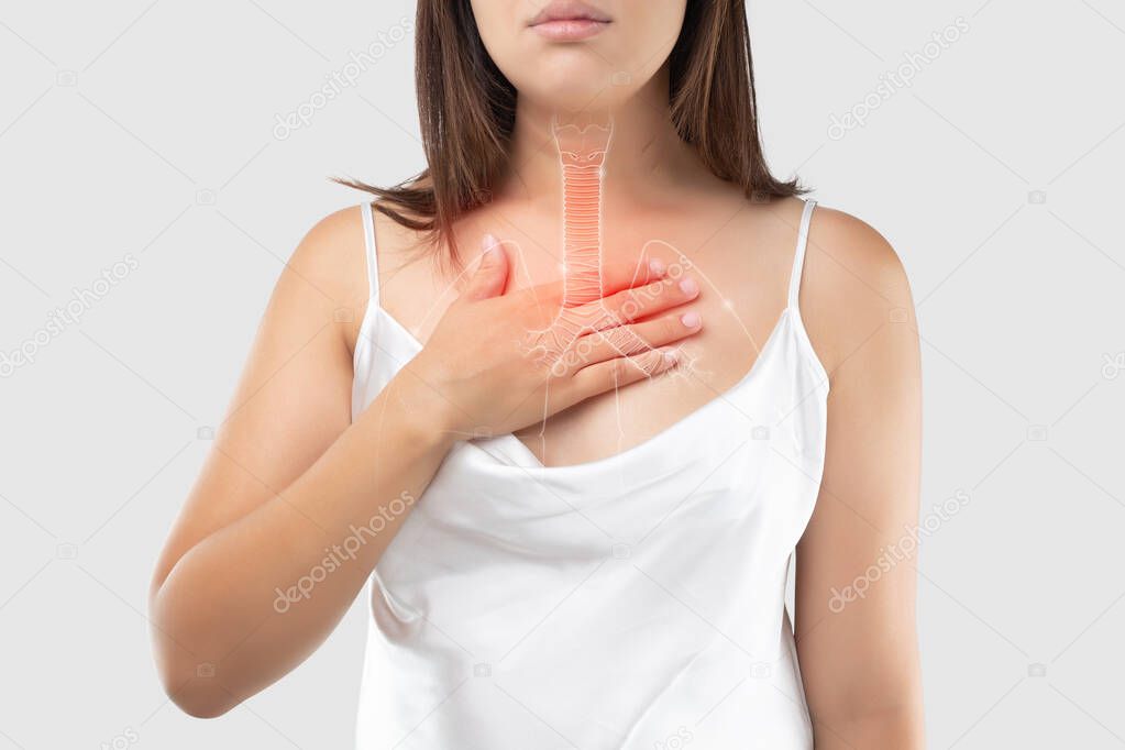 Bronchitis symptoms. Illustration of bronchial or windpipe on a woman's body, Concept with healthcare and medicine.