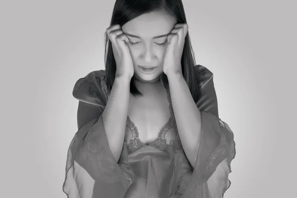Asian Women Nightwear Emotional Stress People Mental Health Problems — Stock Photo, Image