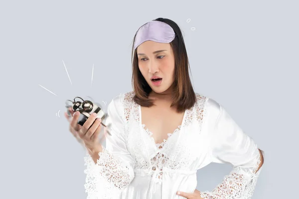 Asian Woman White Satin Nightgown Wearing Lace Robe Shocked Wakes — Stock Photo, Image