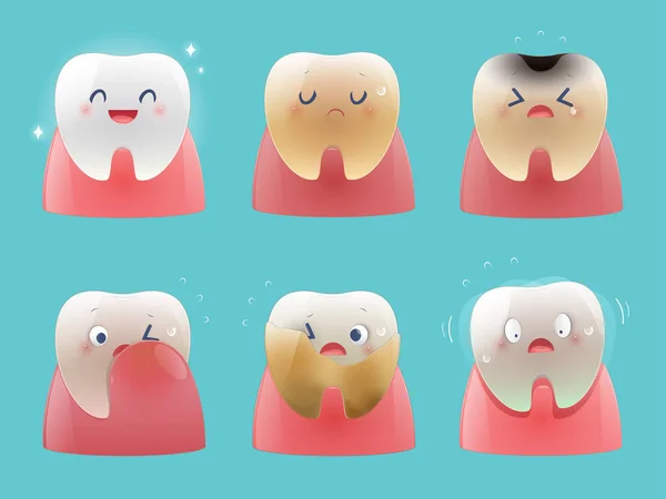 Coleção Pequenos Dentes Bonitos Fundo Azul Problemas Dentários Saúde Total — Vetor de Stock