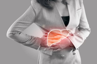 Kadın vücudundaki karaciğerin gri arka plan, Hepatit, Sağlık ve Tıp ile Kavrama