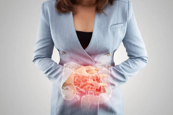 Illustration Large Intestine Woman Body Business Woman Touching Belly Painful — Stock Photo, Image