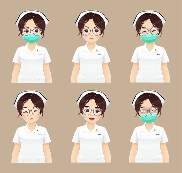 看護師コレクション 茶色の背景に白い制服の漫画の女性医師や看護師 ベクターイラストとキャラクターデザイン — ストックベクタ