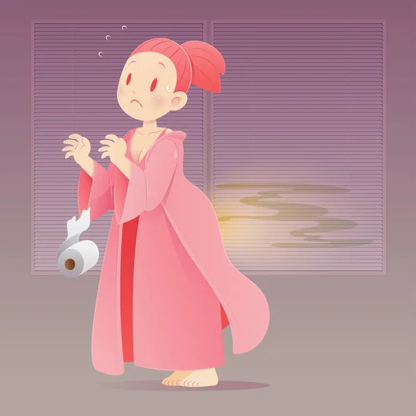 Женщина Мультипликатор Розовой Ночной Рубашке Пукает Вектор Смешная Карикатура Лица — стоковый вектор