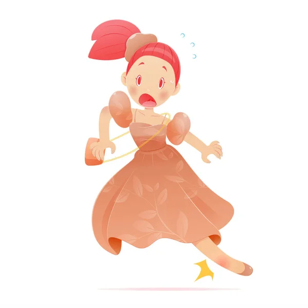 Γελοιογραφία Νεαρή Γυναίκα Πορτοκαλί Φόρεμα Τραυματισμένο Αστράγαλο Ενώ Τρέχει Εικονογράφηση — Διανυσματικό Αρχείο