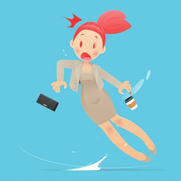 Cartoon Businesswoman Brown Suit Slipping Because Floor Wet Vector Illustration — Stock Vector