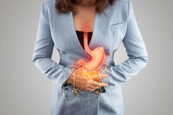 Illustration Stomach Large Intestine Woman Body Gray Background Acid Reflux — 图库照片