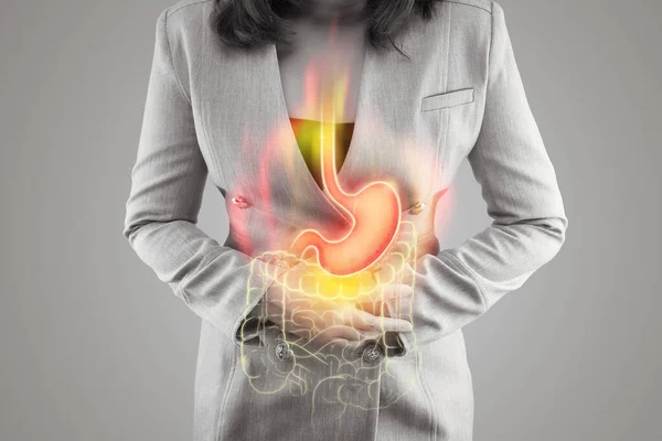 Illustration Stomach Large Intestine Woman Body Gray Background Acid Reflux — 图库照片