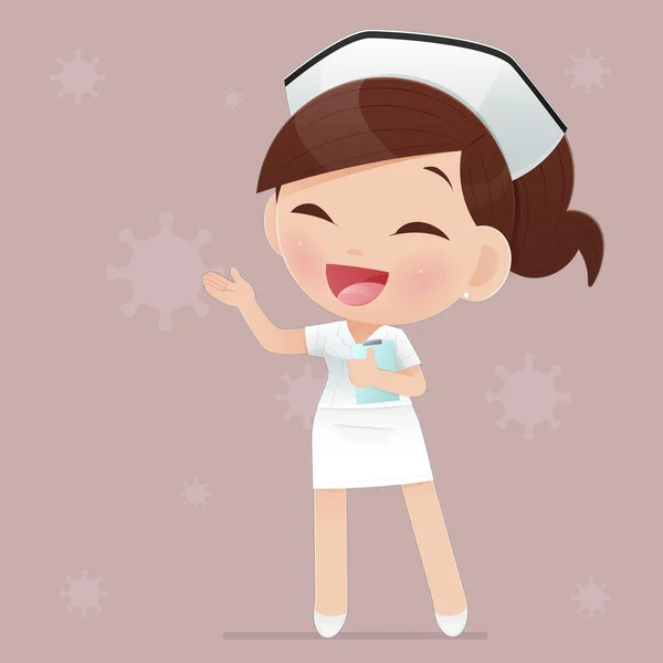 茶色の背景に白い制服の漫画の女性医師や看護師 笑顔の女性看護スタッフ キャラクターデザインのベクトルイラスト — ストックベクタ