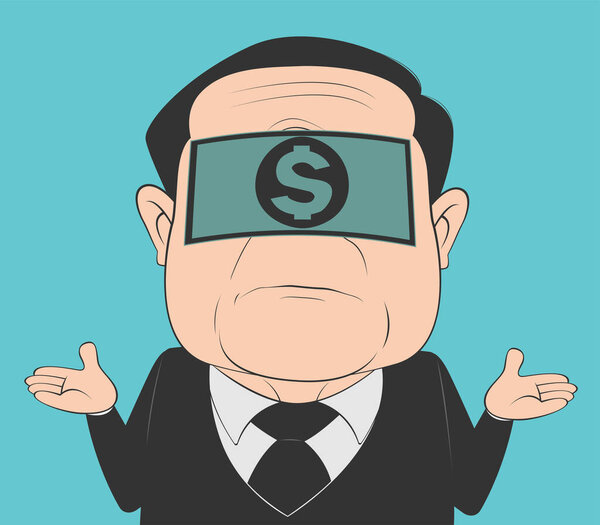 Cartoon old man with a disinterested expression because he received a bribe. Confused blindfolded man on a blue background