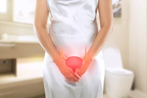 Mulheres Com Uretrite Incontinência Urinária Mulher Com Mãos Segurando Sua — Fotografia de Stock
