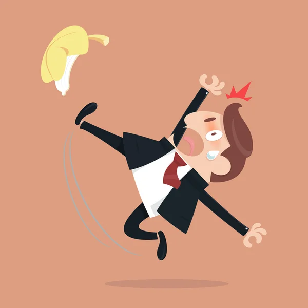 Businessman slipping and falling from a banana peel — Stock Vector