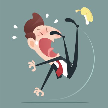 Businessman slipping and falling from a banana peel clipart