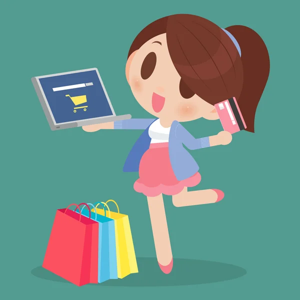 Femme heureuse achats en ligne — Image vectorielle