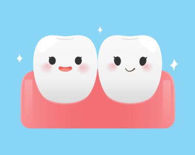 Güzel bir çizgi film çizimi, parlak gülüşlü ve sağlıklı diş etleri olan iki mutlu diş, diş bakımı veya çocuk eğitimi için mükemmel..