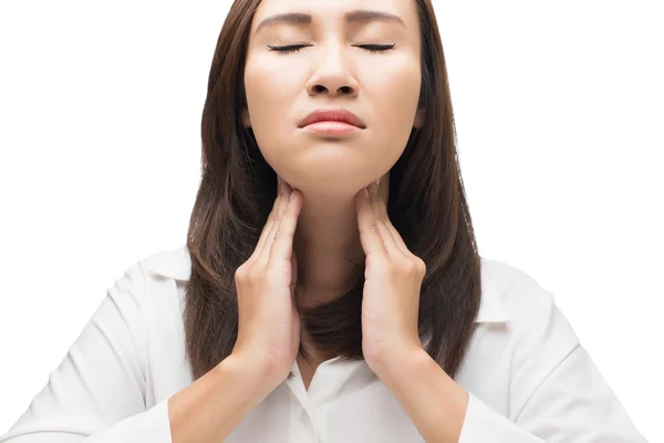 Sore throat woman on white background — Stock Photo, Image