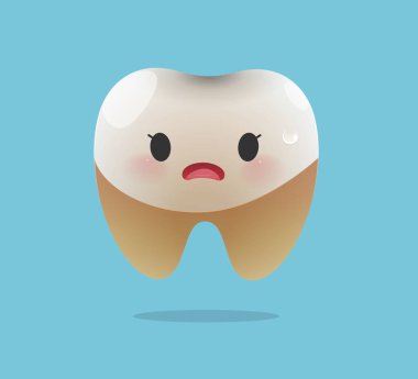 Ağız temizliği ve diş sorunlarını gösteren tartar lekeli üzgün bir çizgi film dişi. Diş ağrısı. Diş Ağrısı