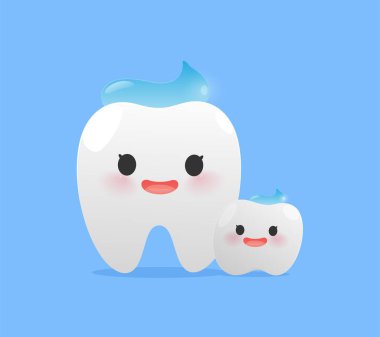 Yetişkinler ve çocuklar için farklı diş macunlarını gösteren sevimli çizgi film dişleri, dostça ifadeler ve temiz bir diş teması. Çizgi film dişi