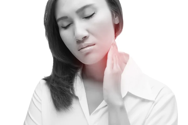 Sore throat woman, lymph node at neck — Stock Photo, Image