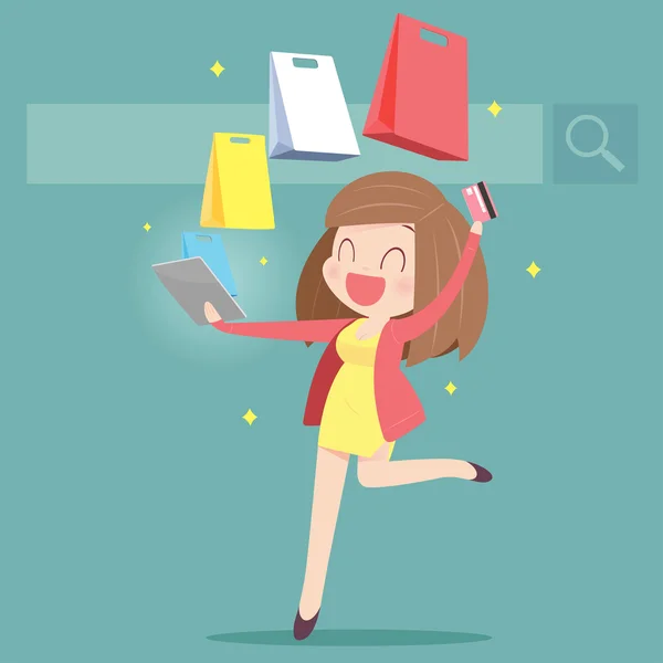 Femme heureuse faisant des achats en ligne à la maison — Image vectorielle