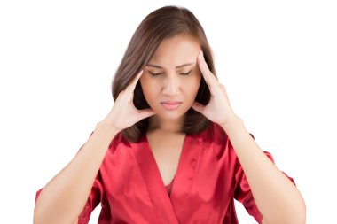 Güzel genç kadın portre baş ağrısı depresyon lastik vurguladı