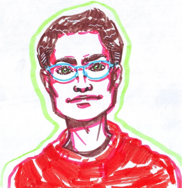 Karikatura Kreslená Značkami Portrét Muže Brýlemi Hnědými Krátkými Vlasy Červeným — Stock fotografie