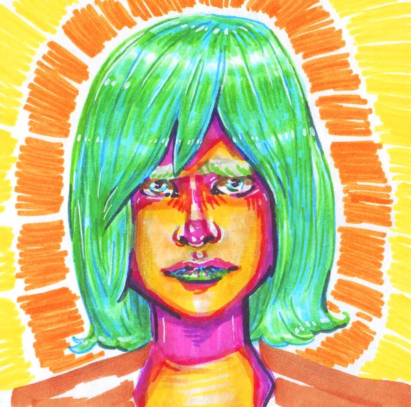 Bright Multi Colored Sketch Person Colored Green Hair Lipstick Radiant — Stock Photo, Image
