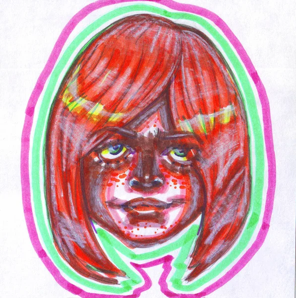 Нарисованная Мультяшная Голова Мужчины Женщины Ярко Рыжими Волосами Веснушками Введенными — стоковое фото