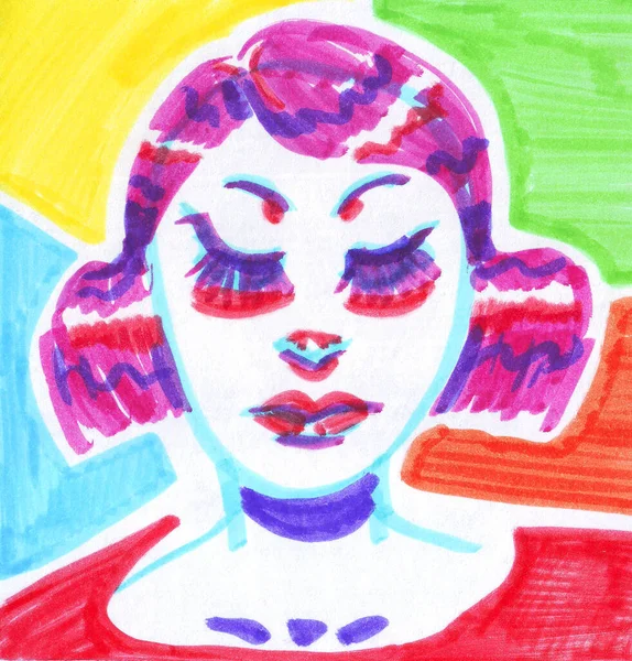 Marker Drawn Cartoon Fashion Woman Head Bright Purple Hair Blue — Stock Photo, Image