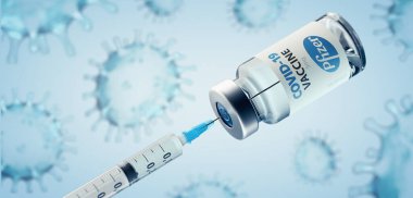 Sofya, Bulgaristan - 10 Kasım 2020: Pfizer COVID-19 Coronavirus Aşı ve Şırınga. Kavramsal resim.