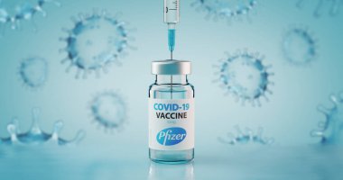Sofya, Bulgaristan - 10 Kasım 2020: Pfizer COVID-19 Coronavirus Aşı ve Şırınga. Kavramsal resim.