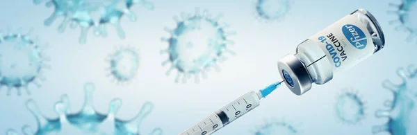ソフィア ブルガリア 2020年11月10日 ファイザーCovid 19コロナウイルスワクチンとシリンジ 概念像 — ストック写真