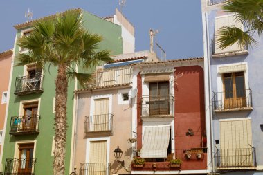 Arka planda palmiye ağaçları Güney İspanya 'da deniz kenarındaki villa Villajoyosa' da renkli evler.
