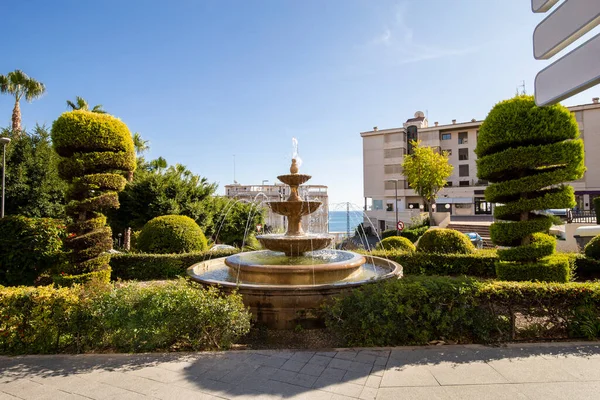 Figuredly trimmed lush hedges of juniper and fountain in the cityscape of Villajoyosa Spain.