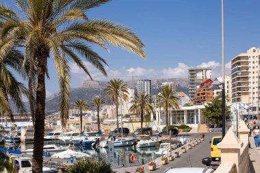 Costa Blanca, Alicante ili, Calpe, İspanya - 5 Nisan 2021: Yatlı ve tekneli gezinti alanı, palmiye ağaçları. Resort City manzarası.