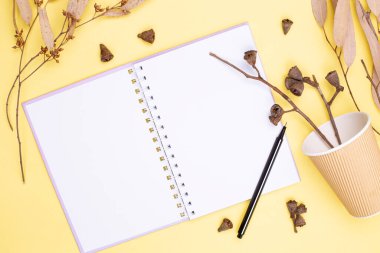 Sonbahar kompozisyonu. Bahar ve kalemin olduğu boş bir defter, sonbahar yaprakları, selvi tohumları, sarı zemin üzerinde kağıt eko cam. Düz konum, üst görünüm, kopyalama alanı