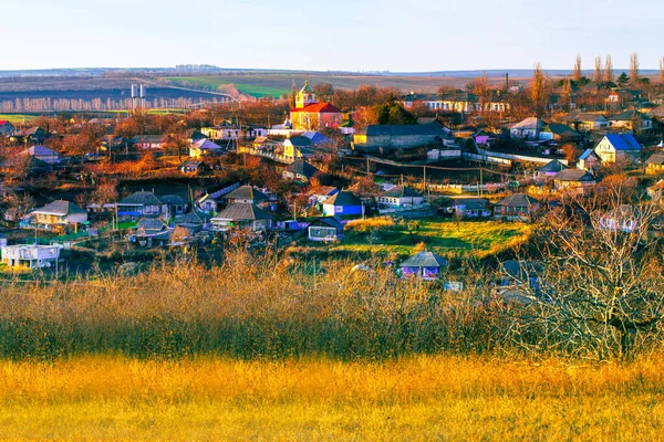 Krajobraz Wsi Jesienią Panorama Osady Rustykalnej — Zdjęcie stockowe