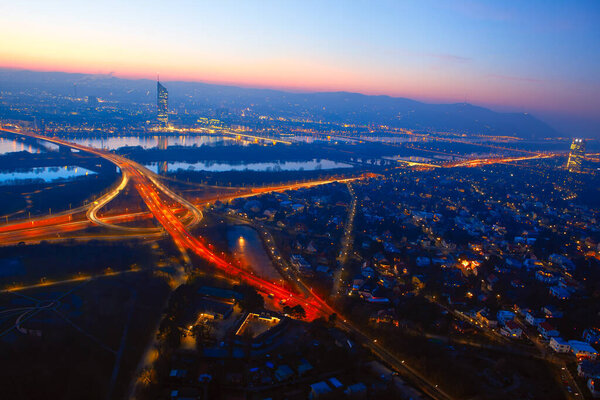 Spectacular Vienna panorama in the twilight . Aerial view of beautiful european capital