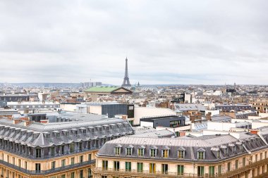 Paris çatıları panoramik manzara. Eyfel Kulesi ile Fransa Başkenti Vatandaşı