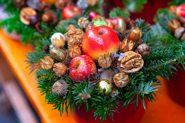 Christmas Bouquet Apples Walnuts New Year Decorations — Stock Photo, Image