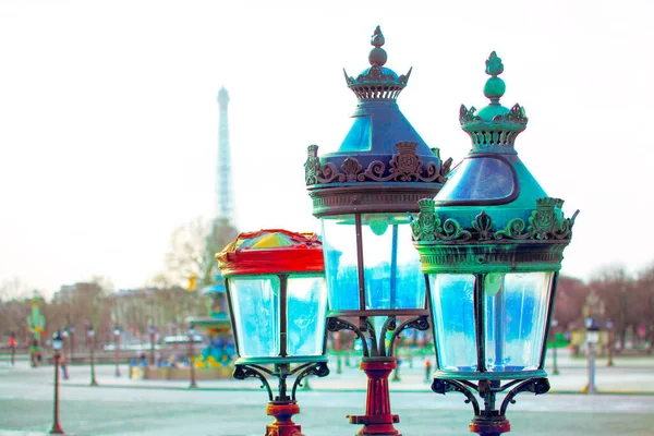 Candeeiros Rua Place Concorde Paris Com Torre Eiffel Fundo — Fotografia de Stock