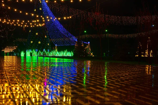 Gece Sokak Noel Dekorasyonu Nda Yağmurlu Yeni Yıl Gecesi — Stok fotoğraf