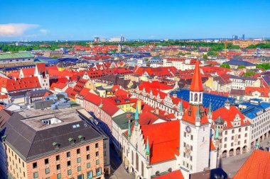 Münih Almanya 'nın güzel Panoraması. Munchen şehir merkezi, yukarıdan manzara 