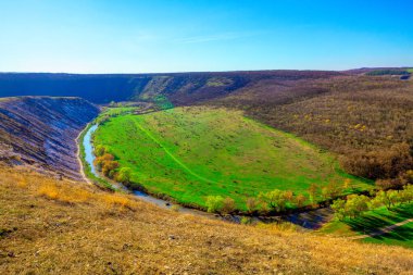 Güzel bahar doğası. Nehirli vadinin havadan görünüşü. Görkemli ilkbahar
