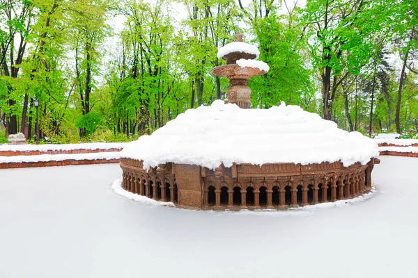 City fountain covered by snow . Tropical winter