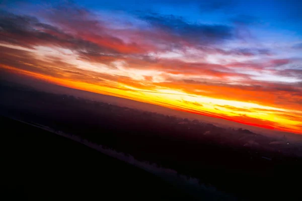 Rustic Panorama Twilight Fantastic Evening Village Aerial View River Village — Stock Photo, Image