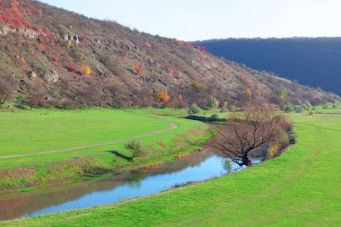 Tepe nehri ve yeşil vadiyle manzara. Bahar harika doğa