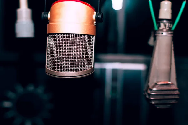 Vintage microphones in studio . Recording vocal devices