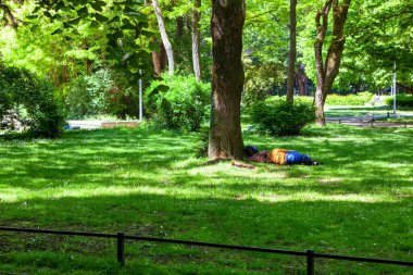 Şehir parkında yatan adam. Yeşil çimlerin üzerinde uyuyorum. Tasasız yaşam tarzı